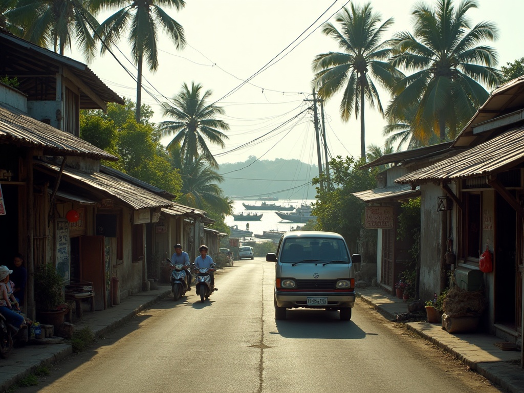 Early morning on the road from Komodo Airport down to the Labuan Bajo waterfront, with anchored wooden boats visible in the harbour below