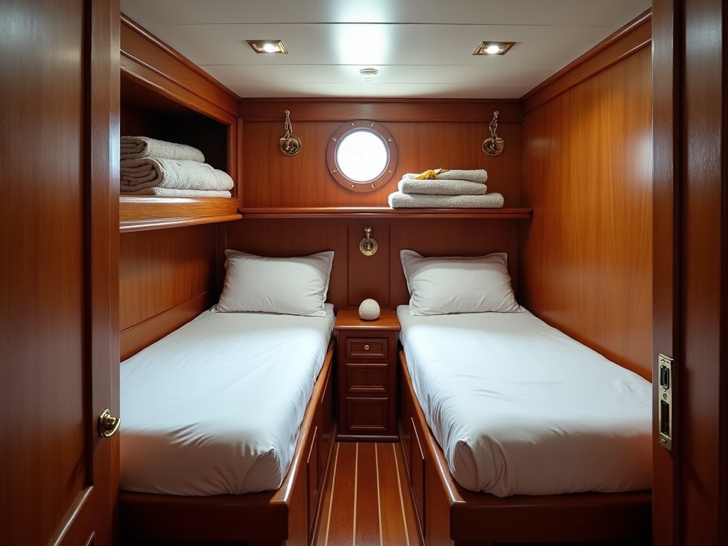 Twin-berth wooden cabin aboard a Komodo liveaboard phinisi, with teak panelling, white linen and a brass porthole