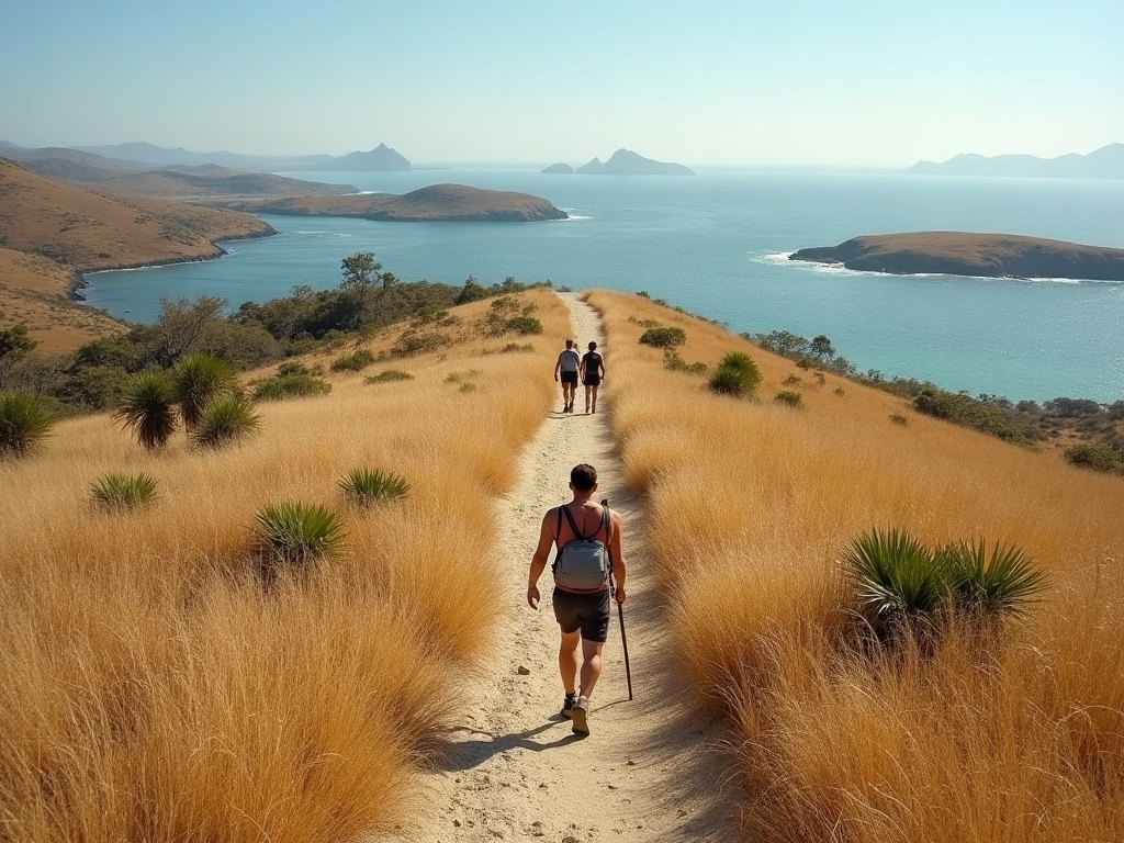 Dry savannah ranger trail climbing a ridge in Komodo National Park, with distant hikers walking single file behind a guide