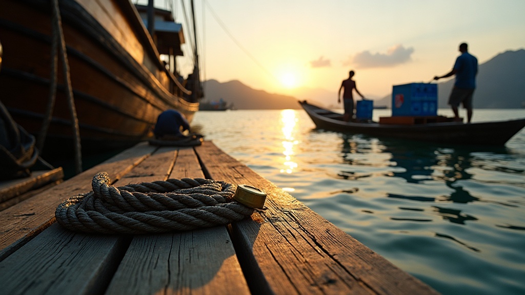 Wooden phinisi liveaboard alongside a Labuan Bajo pier at first light, teak deck and mooring line in the foreground while crew load supplies in the distance